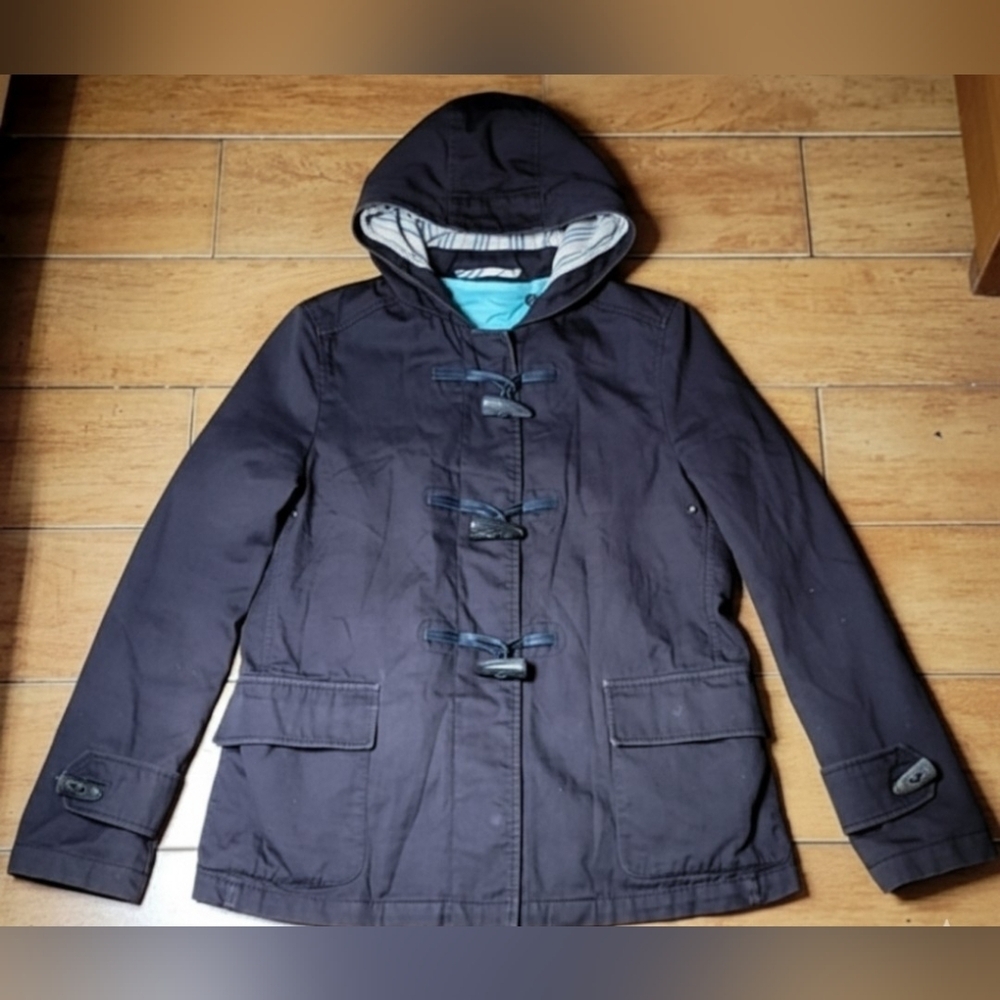 BURBERRY Brown Hoodie Nova Check Duffle Jacket Buffalo Horn Buttons Size XS/S